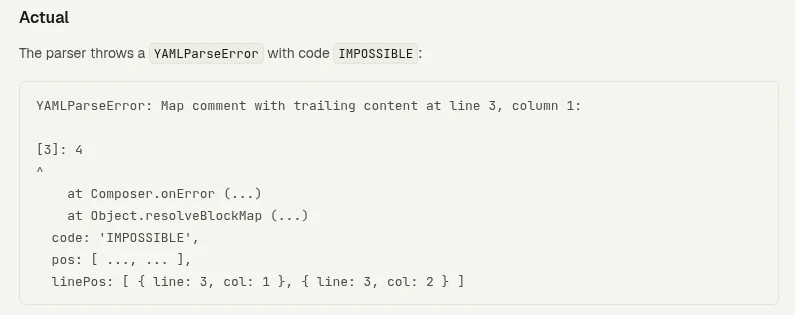 The ticket's actual-behaviour section, showing the real parser error and stack trace.