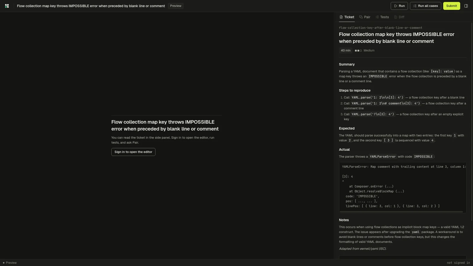The StackYard workspace: a dark browser IDE with the ticket panel open, and Run, Run all cases and Submit along the top.